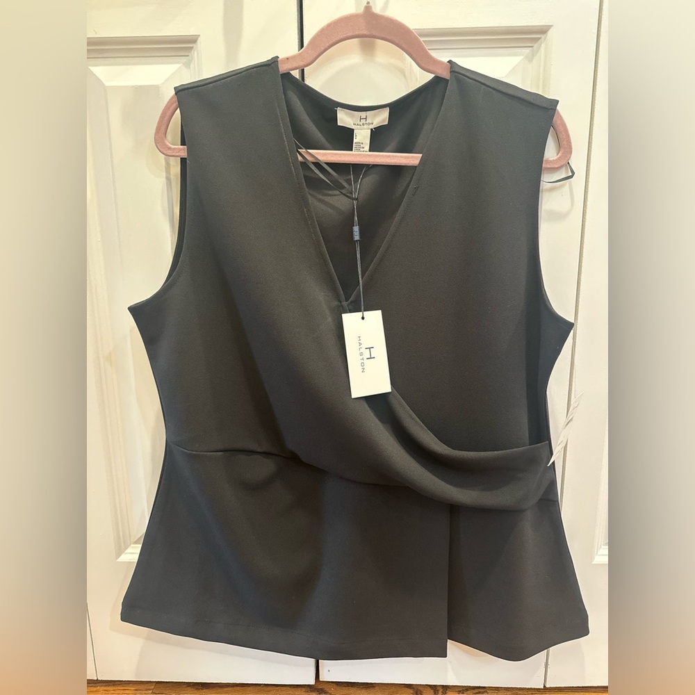H by Halston Elegant Black Sleeveless wrap top with beautiful draping. NWT L
